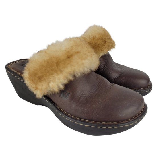 Born Shoes - Born Faux Fur Trim Brown Leather Slip On Clog